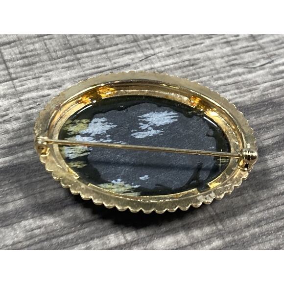 Vintage Oval Black Snowflake Obsidian Cabochon Gold Tone Brooch Pin - Picture 7 of 10